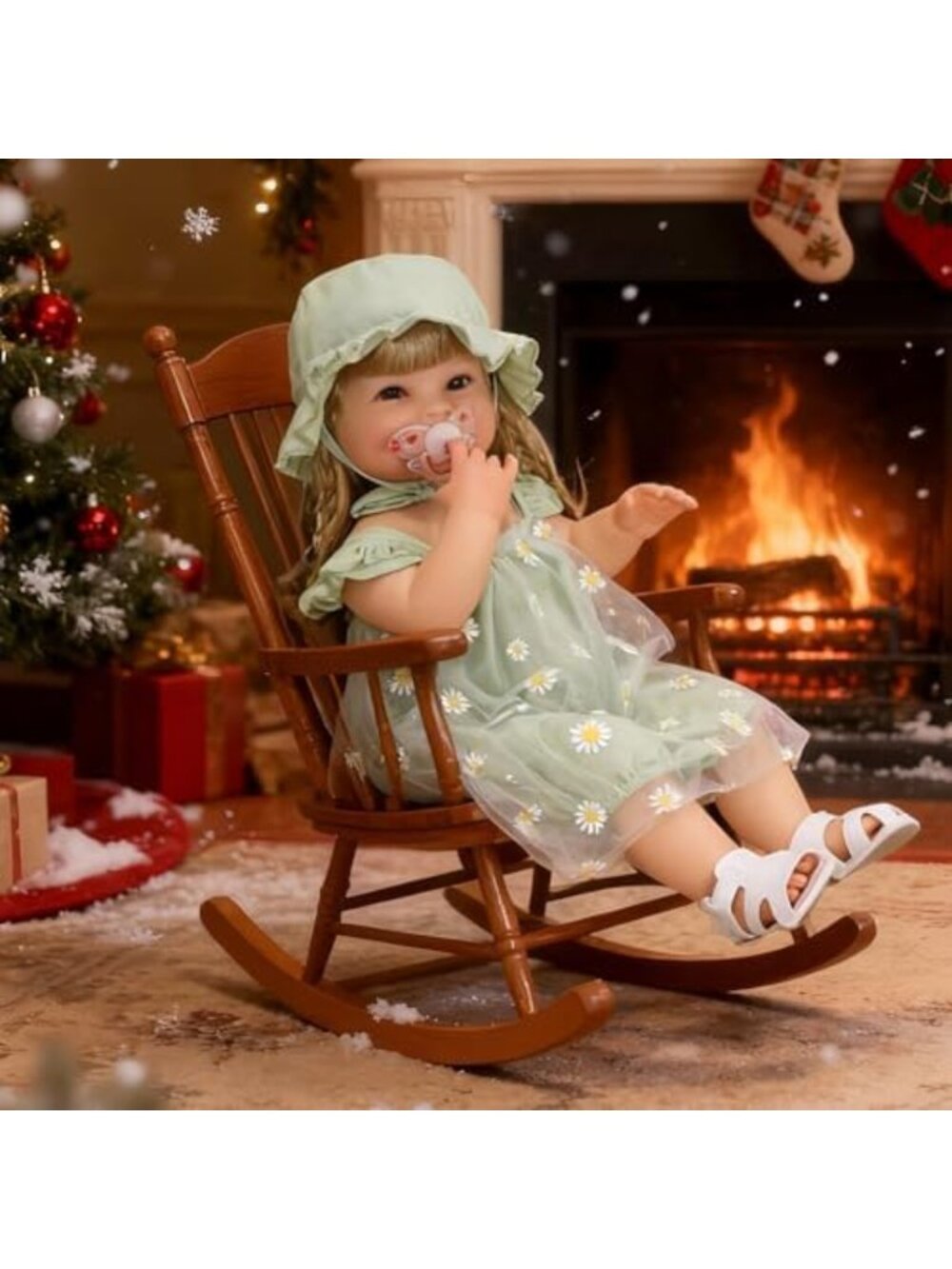 22in Reborn Baby Girl Doll Weighted Soft Body Rooted Hair Green Polka Dress